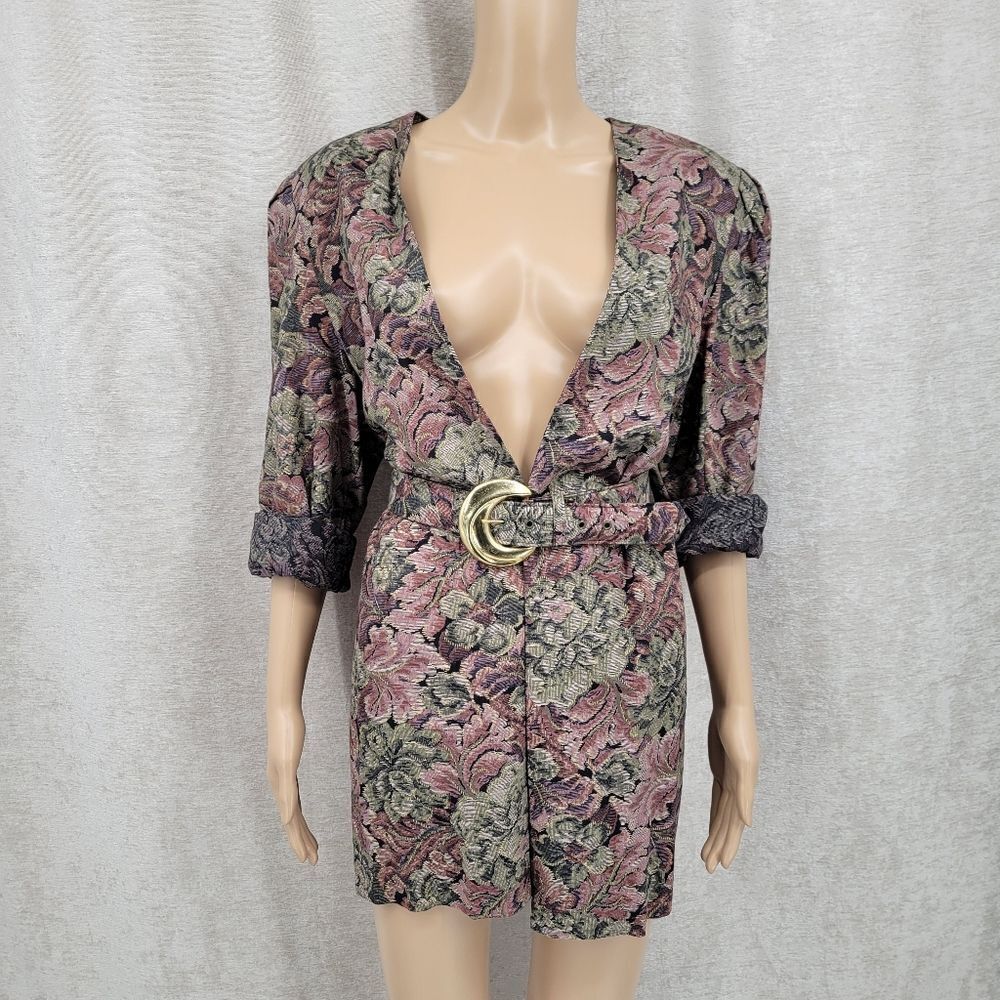 Peri Vintage 80s Floral Printed Jacquard Pattern Tapestry Blazer Matching Belt
